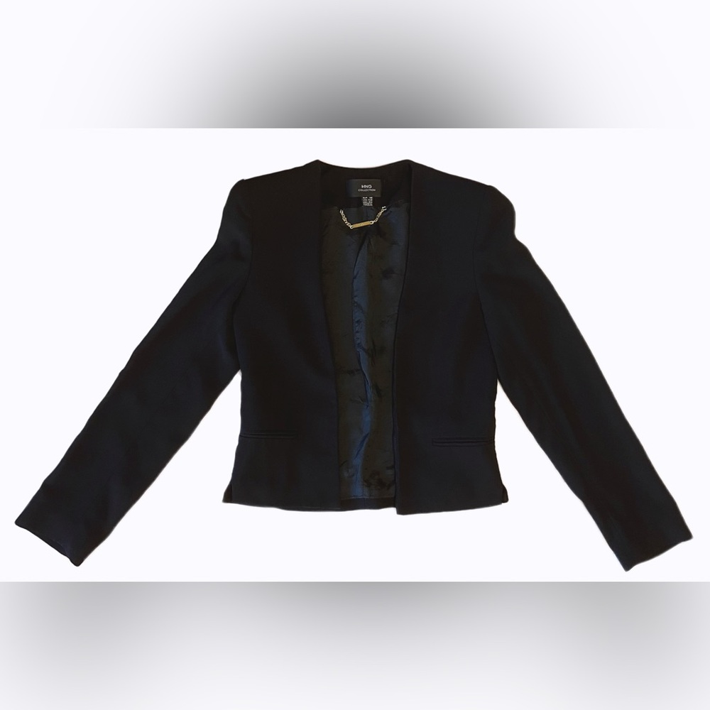 Mango Women’s Black Collarless Blazer Cropped Lined Structured Jacket MNG Suit